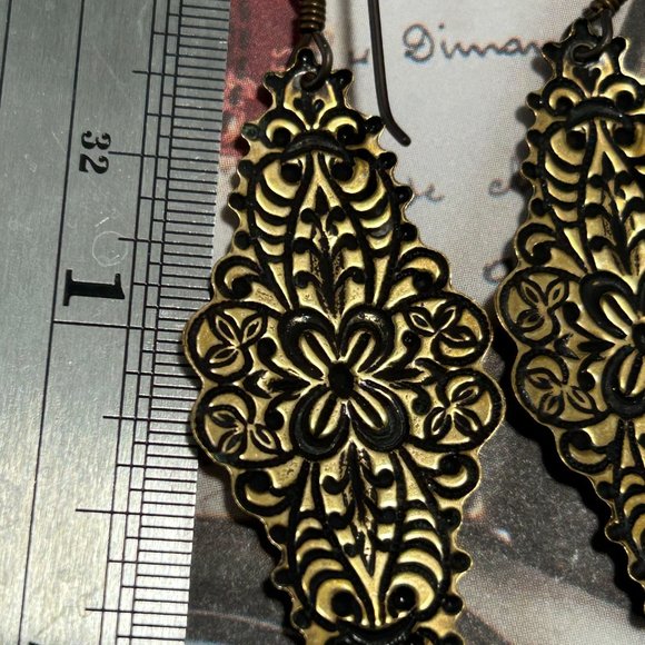 Gothic Renaissance Festival Steampunk Brass French Stamped Long Fancy Earrings - Picture 3 of 4